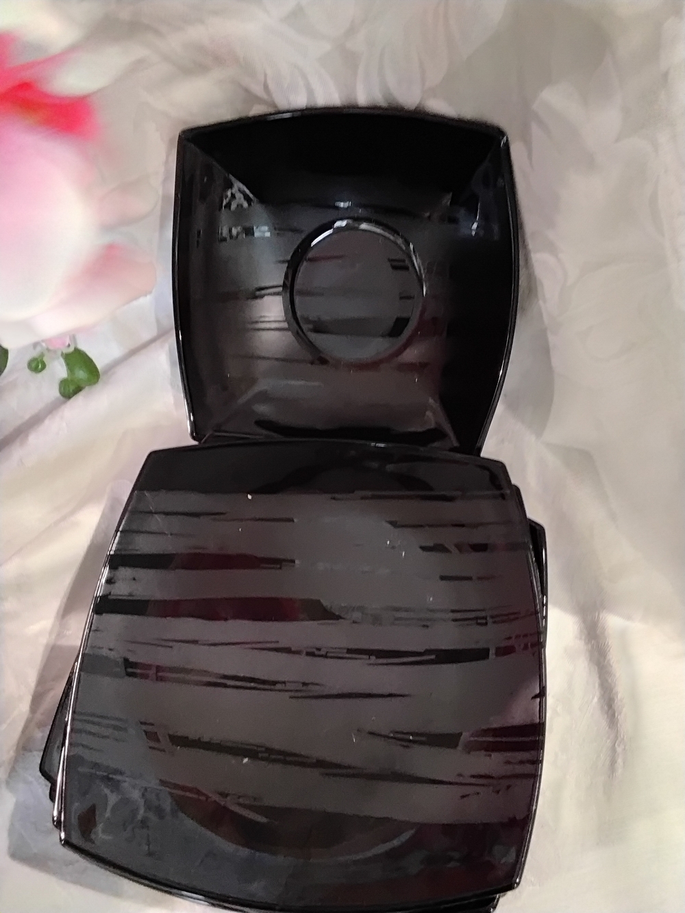 6 Dessert Plates 4 Bowls Glossy Black Square Compact with Subtle Stripe Accents